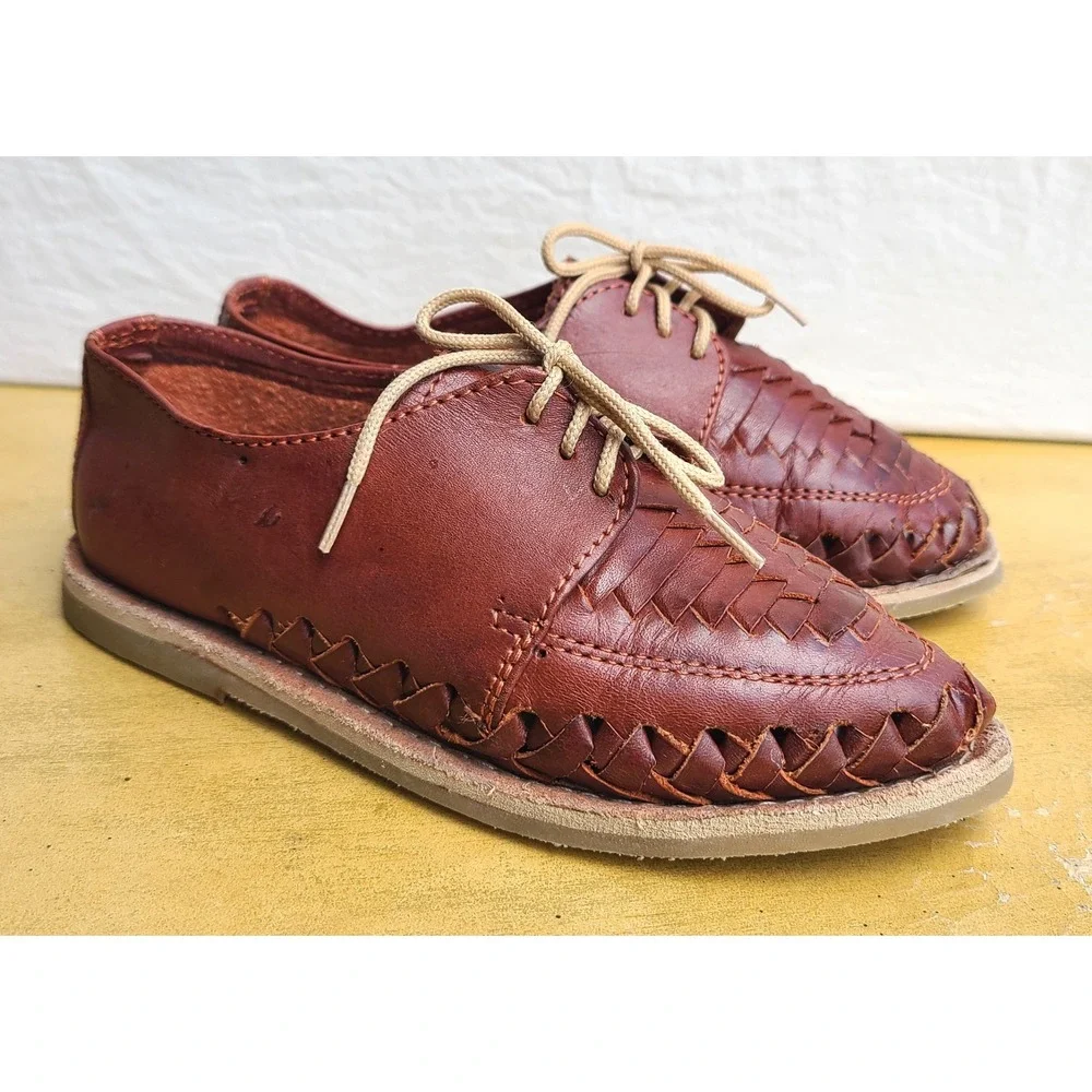 Cucos Kids US 10 Brown 100% Genuine Leather Woven Huaraches Dress Shoes Lace Up